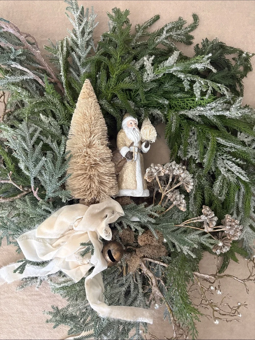 Holiday Pine and Ivory Ribbon Wreath with Gold Santa